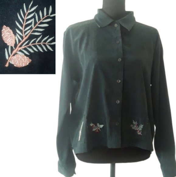Christopher & Banks Tops - Vtg Christopher & Banks Green Velour Shirt with Holly Pinecone Patches - Large